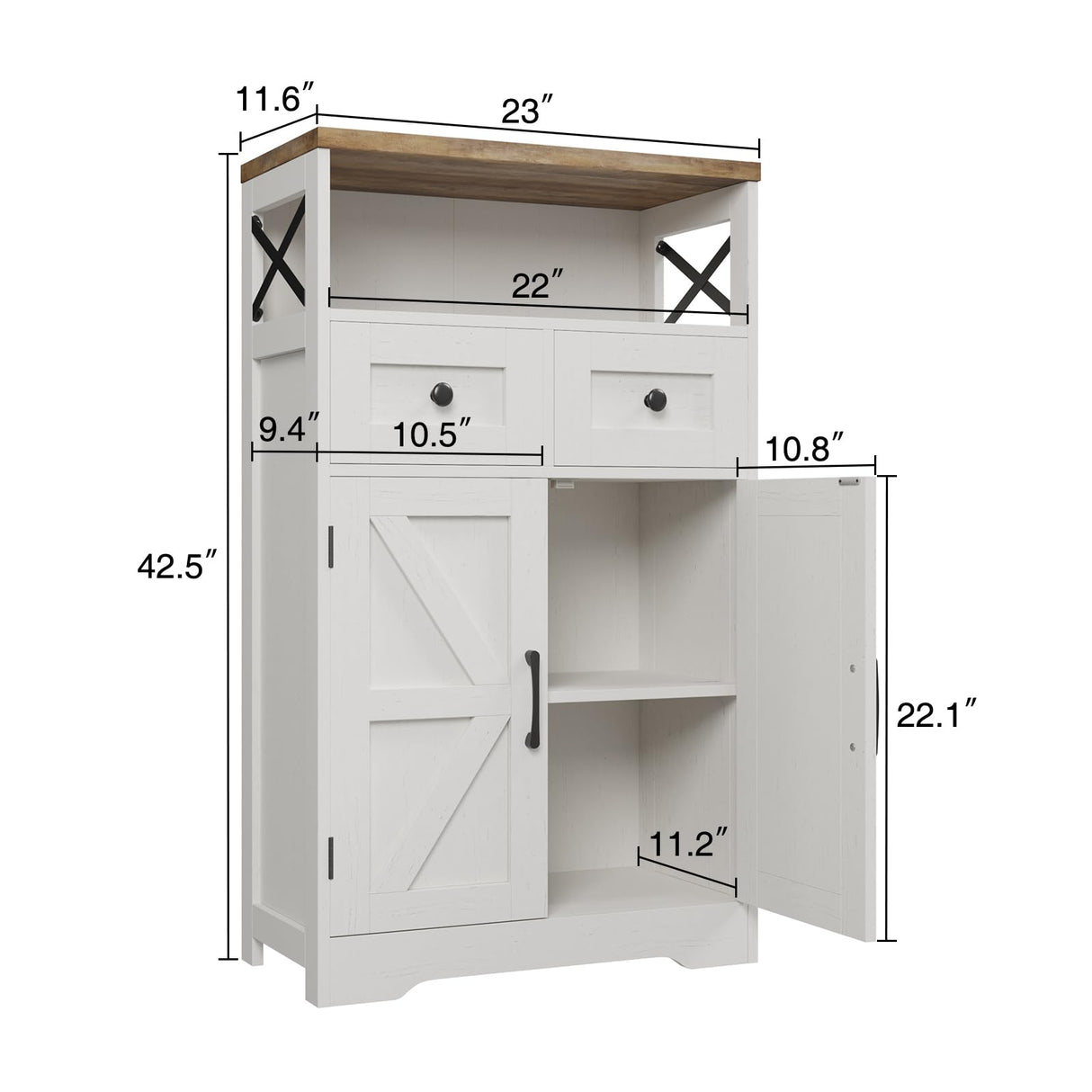 Farmhouse Storage Cabinet with Barn Doors and Shelves, Farmhouse Kitchen Pantry Storage Cabinet, Small Tall Coffee Bar Cabinet with Storage, Hutch Cupboard for Kitchen, Laundry, Living Room,White FiveWillowise