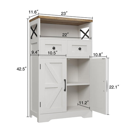 Farmhouse Storage Cabinet with Barn Doors and Shelves, Farmhouse Kitchen Pantry Storage Cabinet, Small Tall Coffee Bar Cabinet with Storage, Hutch Cupboard for Kitchen, Laundry, Living Room,White FiveWillowise