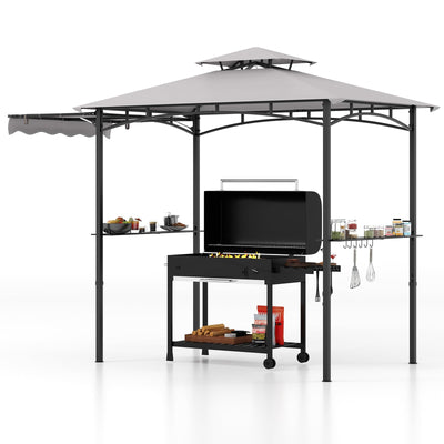 Tangkula 10.5x5 FT Grill Gazebo with Side Awning, 2-Tier Barbecue Gazebo with 2 Shelves, 12 Hanging Hooks, Bottle Opener, Outdoor Grill Canopy for Backyard Garden Poolside (Grey)