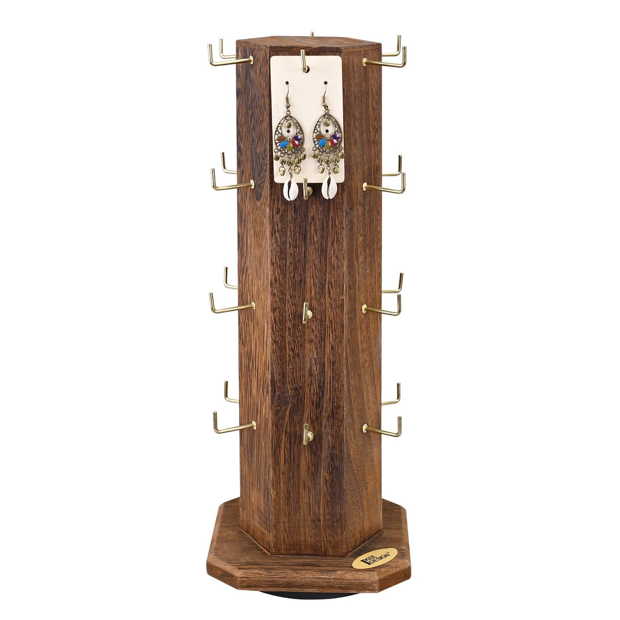 Ikee Design Free Assemble 24 Hooks Wood Hexagon 6 Sided Rotating Jewelry Display Stand Tower for Earrings,Bracelets, Keychain Earring Display Stand for Selling, Showcase, Brown Color Ikee Design