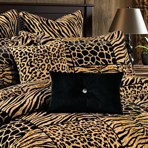 Loom and Mill 8-Piece Safari Comforter Set King Size, Leopard, Tiger, Giraffe, Zebra Animal Print Bedding Set, Patchwork Comforter with Bed Skirt, Euro Shams and Decorative Pillow(Black Gold, King) Loom and Mill