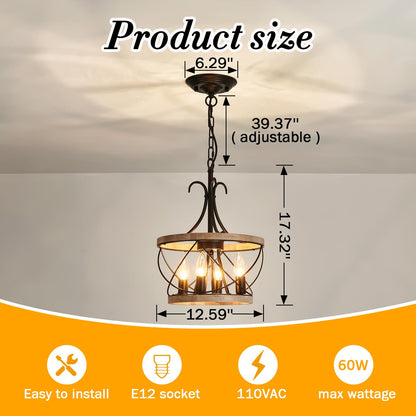 UOFUS 4-Light Farmhouse Wood Chandelier Rustic Drum Hanging Pendant Lighting French Country Industrial Candle Chandelier Light Fixture for Dining Room Kitchen Living Room Entryway Office