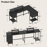 Korfile L Shaped Computer Desk with Power Outlets, Corner Desk with 2 Monitor Stands, Home Office Desk with 4 Adjustable Storage Drawers & Shelves, Large Gaming Desk for Bedroom, 59 inch, Black Korfile