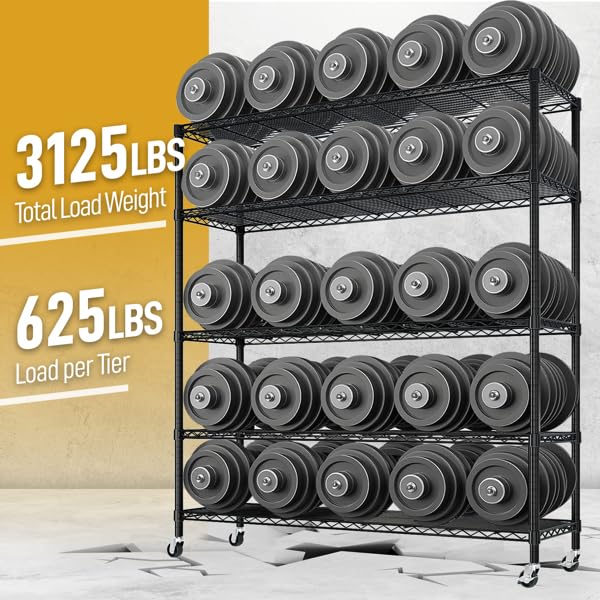 Orixforce Heavy Duty Wire Shelving Unit with Wheels – 5-Tier Adjustable Metal Storage Rack, NSF Certified Steel Shelves, 3125lbs Capacity Garage, Pantry, Commercial Shelving, 74" H x 59" W x 17.72" D Orixforce