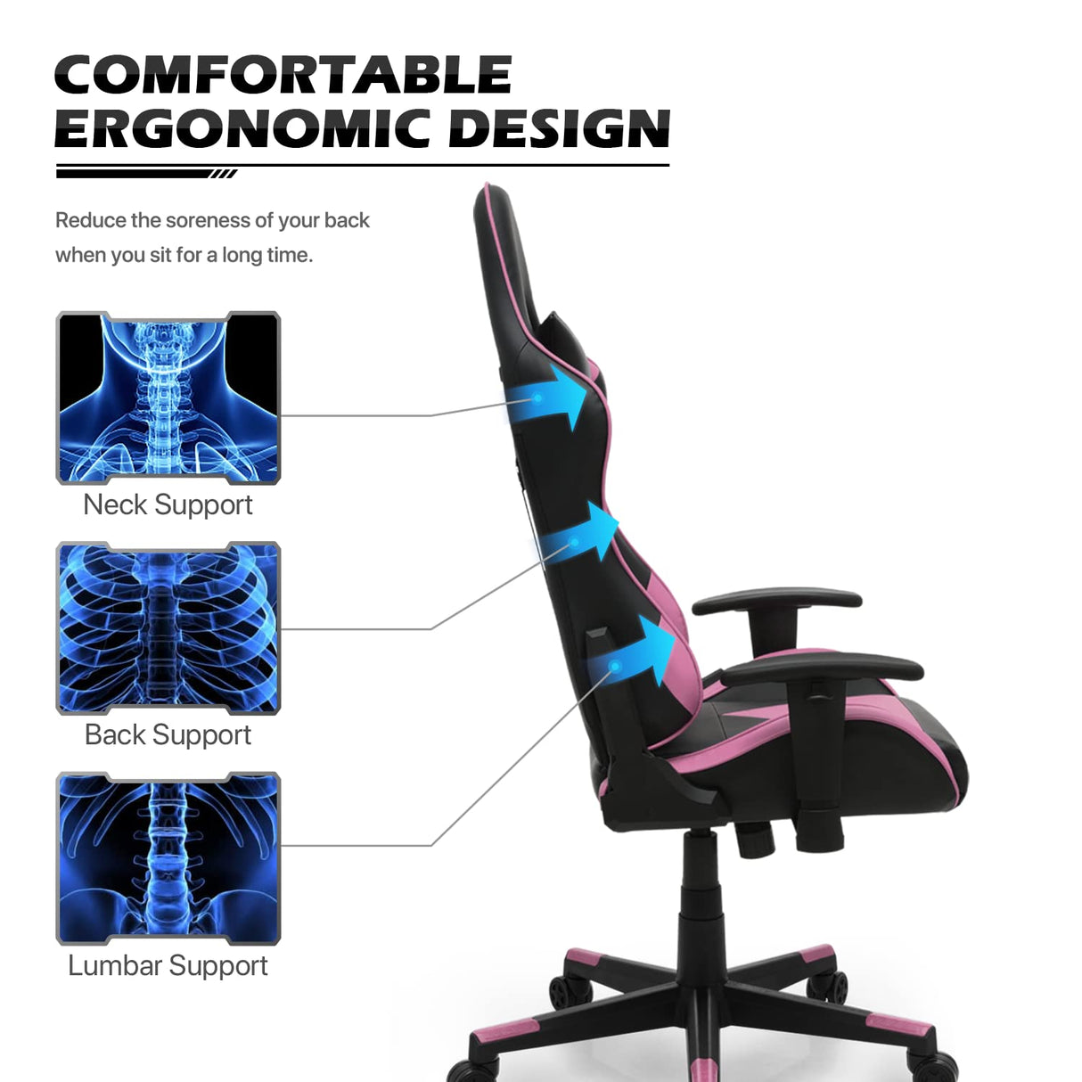 MoNiBloom Computer Chair Gaming High Back Office Gaming Chair with Headrest and Lumbar Support, PU Leather Ergonomic Racing Chair with Adjustable Height and Reclining Function for Teen Adult, Pink MoNiBloom
