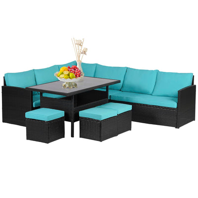 Patio Dining Sets 7 Pieces Outdoor Table and Chairs Patio Dining Table Set with Space Saving Rattan Chairs Outdoor Backyard Porch Poolside Balcony Garden Furniture with Coffee Table (Blue)