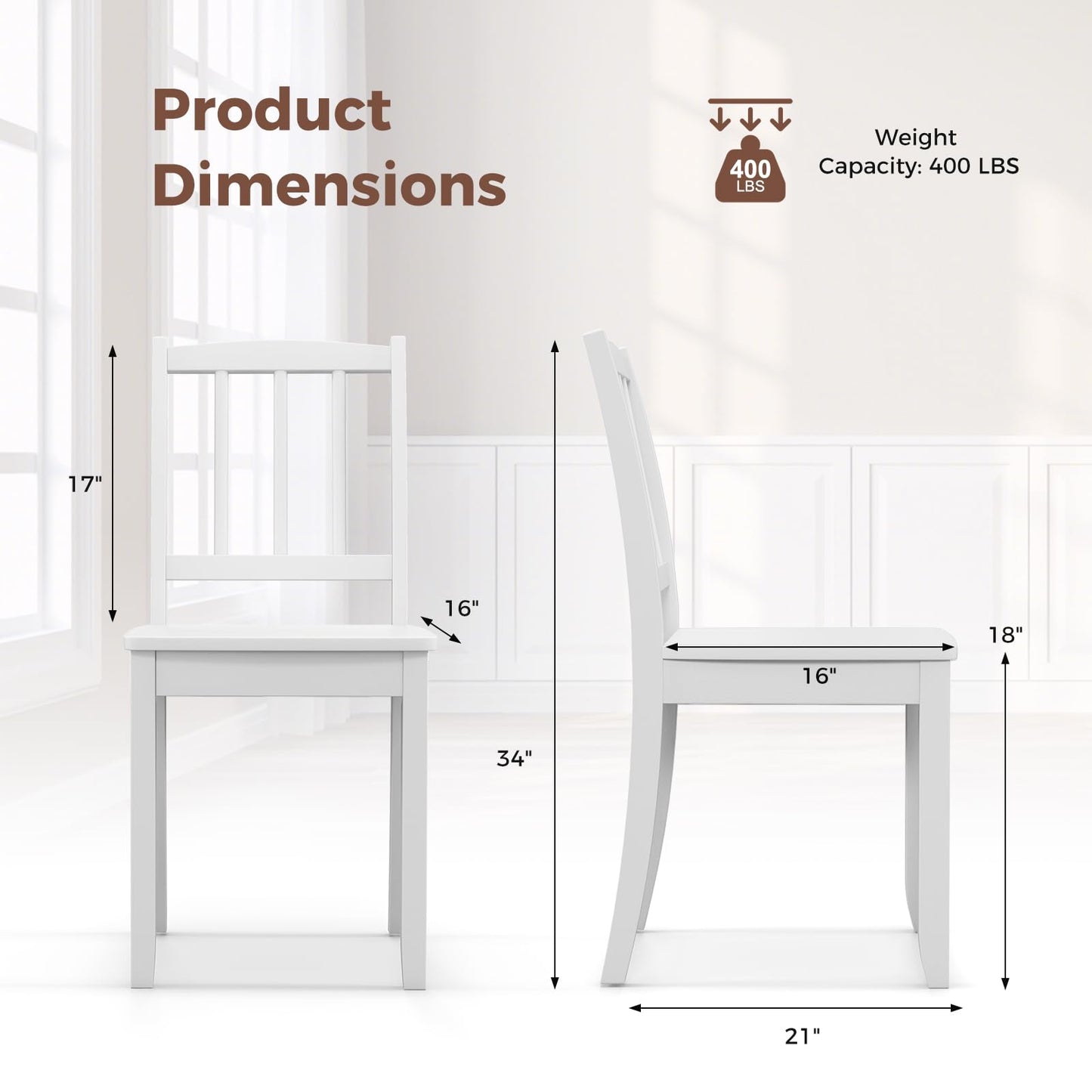 Giantex Farmhouse Dining Chairs Set of 2, Modern Kitchen Chairs w/Rubber Wood Legs & Curved Backrest, Ladder Back Diner Chairs, Wooden Side Chairs for Study, Dining Room, Load 400 LBS, White