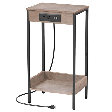 End Table, Nightstand with Charging Station, 2-Tier Modern Corner Side Table with USB Ports and Outlets, Narrow Metal Rack, Mini Night Stand Storage Organizer for Kid Room, Bedroom, Living Room YSVCO