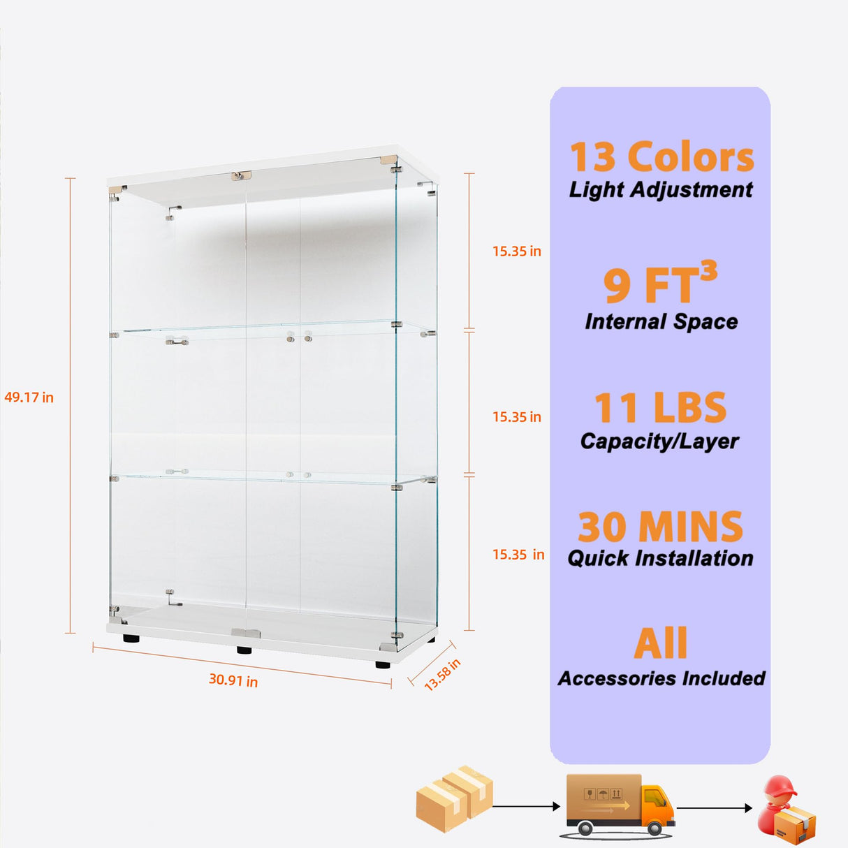 TRJQBCC 49" H 2 Doors Tempered Glass Display Cabinet with LED Light, 3-Shelf Wooden Curio Storage Cabinet with Adujust Floor Feet, Freestanding Lockable Display Storage Case Bookshelf for Home(White) TRJQBCC