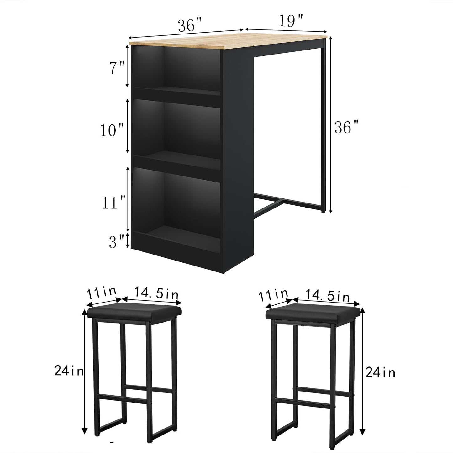 Gyger 3-Piece Black Dining Set with Storage Shelves – Compact Kitchen Bar Table and Stools for Small Spaces - WoodArtSupply