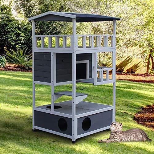 PawHut Wooden Outdoor Cat House, Feral Cat Shelter Kitten Condo with Asphalt Roof, Escape Doors, Condo, Jumping Platform, Grey PawHut