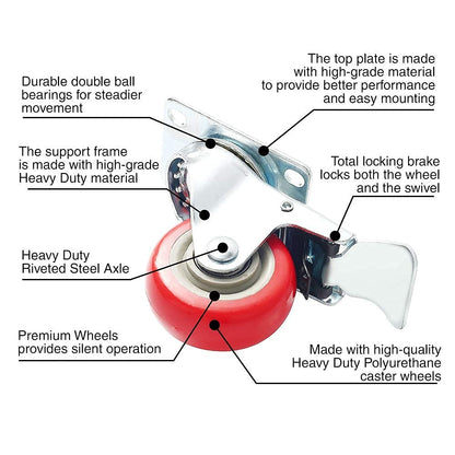 8 Pack 3 Inch Combo Caster Swivel Plate 4 w/Brake & 4 Plate Heavy Duty on Red PU Wheels with Heavy Duty Screws