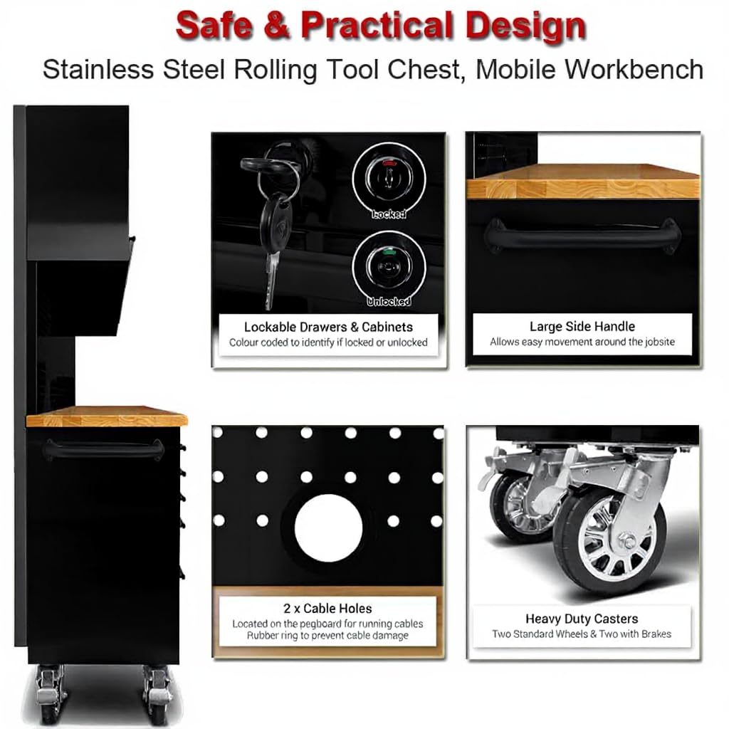 72-inch Rolling Tool Chest Cabinet Garage Workbench with 15 Storage Drawers and Wheels, 3 Upper Cabinet, Pegboard, Steel Large Tool Box for Garage Workshop, Matte Black MERXENG