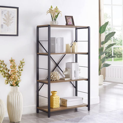 FOLUBAN 4-Tier Rustic Industrial Bookshelf in Oak Finish - WoodArtSupply