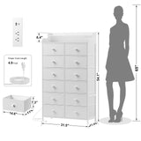 REAHOME Dresser for Bedroom with Charging Station and LED Lights, 12 Drawers Dresser TV Stand with Wooden Top, Tall Fabric Chest of Drawer with Sturdy Frame for Closet, Living Room, Hallway, White REAHOME
