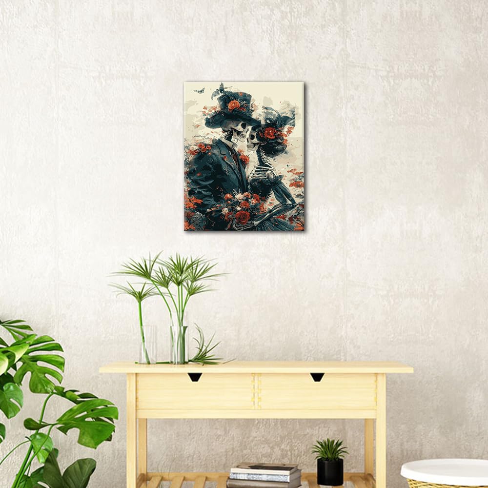 Adults Paint by Numbers Kits Romance Skull Paint by Number Wall Art Red Roses Butterflies and Floral Paint by Number Artwork Beautiful Skull Crafts Kits DIY Bedroom Wall Art 16x20 in (Frameless) Rebotipy