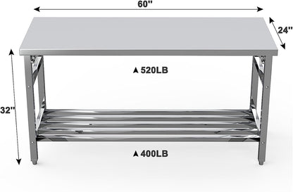 24 x 60 Inch Stainless Steel Folding Table for Prep & Work, NSF Commercial Heavy-duty Stainless Steel Kitchen Island with Undershelf for Restaurant and Home - WoodArtSupply