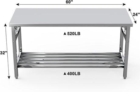 24 x 60 Inch Stainless Steel Folding Table for Prep & Work, NSF Commercial Heavy-duty Stainless Steel Kitchen Island with Undershelf for Restaurant and Home Fashionwu