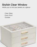 Vlando Jewelry Box for Women, Glass Lid Jewelry Organizer with 3 Drawers for Necklaces Rings Earrings Bracelets Mother Day Gift for Mom - Cloud White Vlando