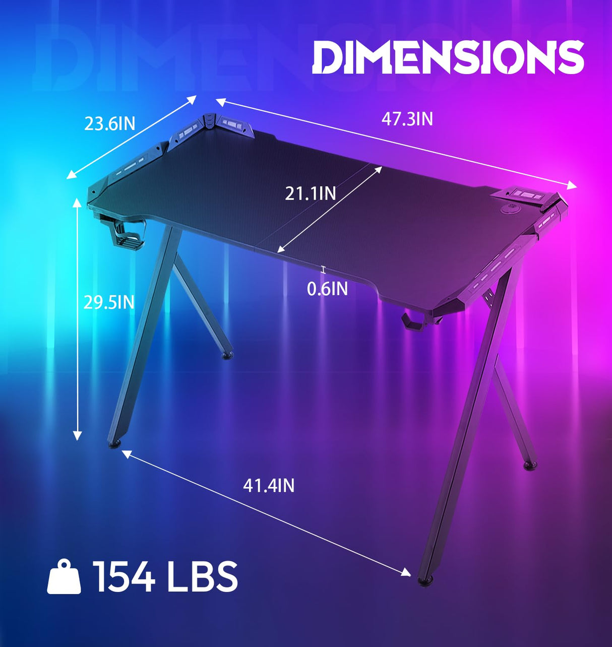 Dowinx Gaming Desk with LED Lights, RGB Gaming Computer Table with Carbon Fibre Surface, LED Home Office Desk with Remote Control, Pc Workstation, 47 Inch, Black Dowinx