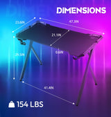 Dowinx Gaming Desk with LED Lights, RGB Gaming Computer Table with Carbon Fibre Surface, LED Home Office Desk with Remote Control, Pc Workstation, 47 Inch, Black Dowinx