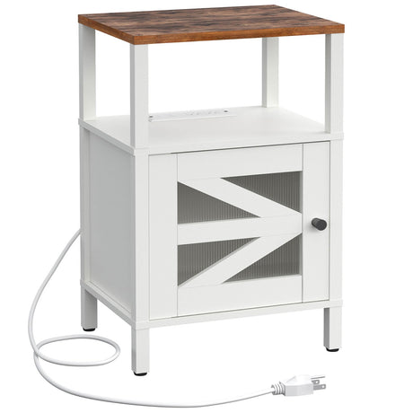 MAHANCRIS Farmhouse Nightstand with Charging Station, White Bedside Table with USB&Type-C Ports and Outlets, End Table with Storage, Acrylic Door, for Bedroom, White and Rustic Brown ETRW97E01 MAHANCRIS