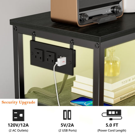 Furnulem Vertical Dresser with Charging Station and LED Lights, Black Chest of Drawers with Shelf and 5 Fabric Bins, Tall Nightstand for Entryway, Closet, Bedside Table, Wood Top, Bedroom Furniture Furnulem