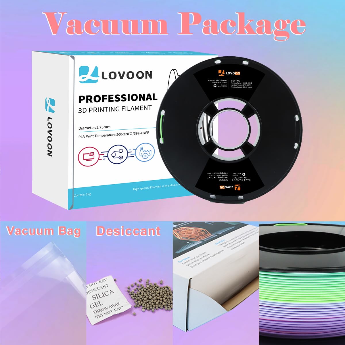 LOVOON Rainbow 3D Printing PLA Filament 1.75mm,Color Shift by Length, Multicolor Changing Filament with Matte Tiffany Blue/Mint Green/Pink/Purple/Peach Fuzz, Fit Most 3D Printer&Pen,1KG(2.2lb - WoodArtSupply