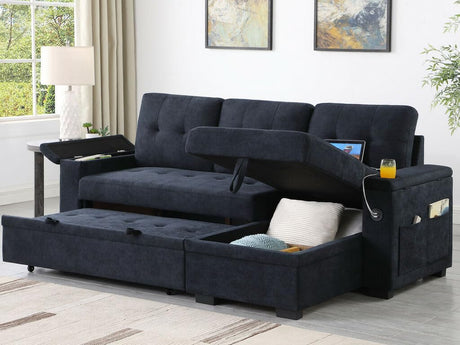 FANYE L-Shaped Pull Out Sleep Sofabed Modern Reversible Sleeper Sectional Sofa Soft Linen Tufted Upholstered Daybed with Storage Chaise&Storage Armrests,Cup Holders and Charging Ports (USB & Type-C) FANYE