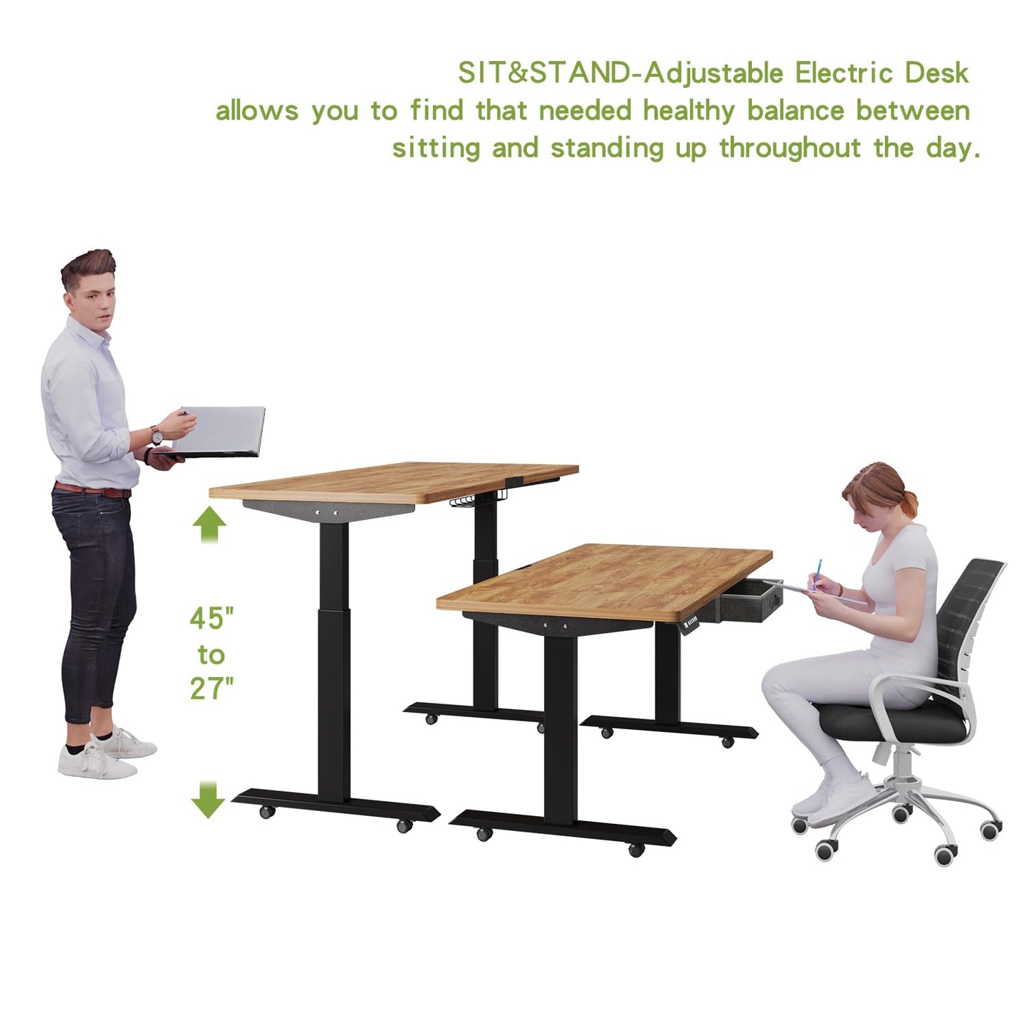 Radlove Dual Motors Height Adjustable 63 x 30'' Electric Standing Desk with Drawer Stand Up Table 4 Memory Keys, Computer Desk with Splice Board Home Office Desk, Brown Top + Black Frame - WoodArtSupply