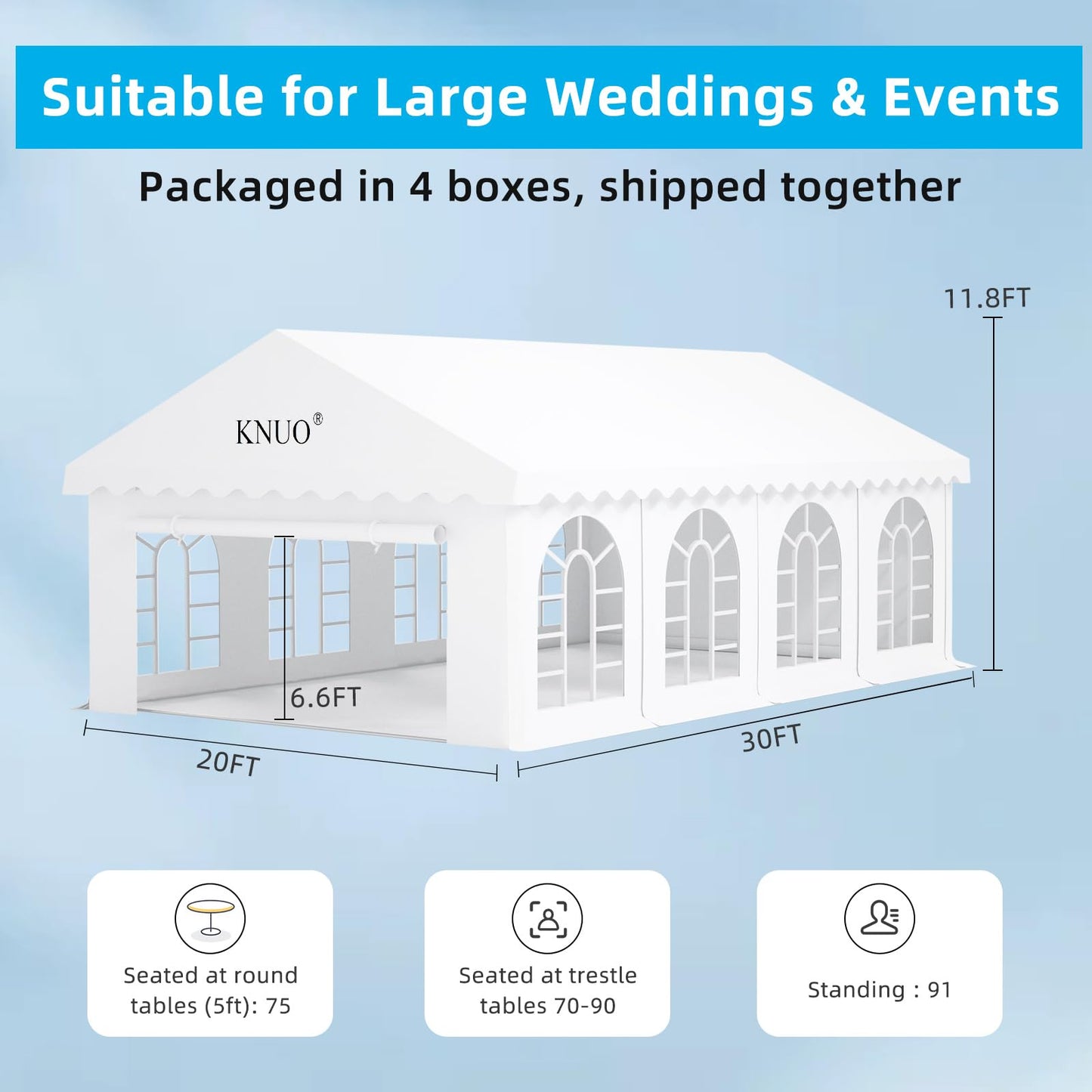 KNUO 20x30ft Party Tent for 80 People Event Tent- Heavy Duty Outdoor Weddings Tent with Removable PVC Windows&Zippered Doors Carpas para Fiestas, White - WoodArtSupply