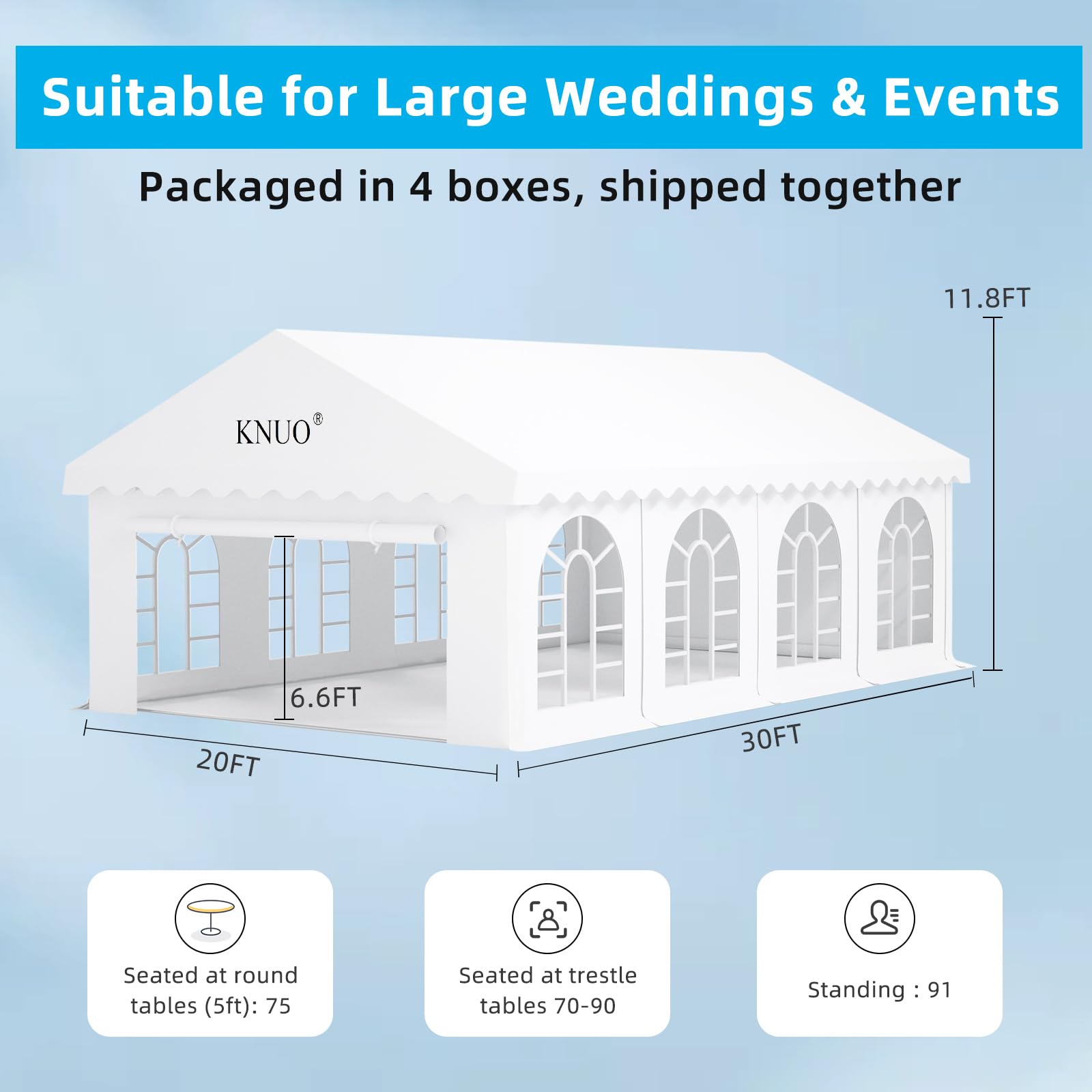 KNUO 20x30ft Party Tent for 80 People Event Tent- Heavy Duty Outdoor Weddings Tent with Removable PVC Windows&Zippered Doors Carpas para Fiestas, White - WoodArtSupply