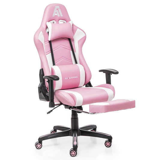 AA Products Gaming Chair Ergonomic High Back Computer Racing Chair Adjustable Office Chair with Footrest, Lumbar Support Swivel Chair - WhitePink