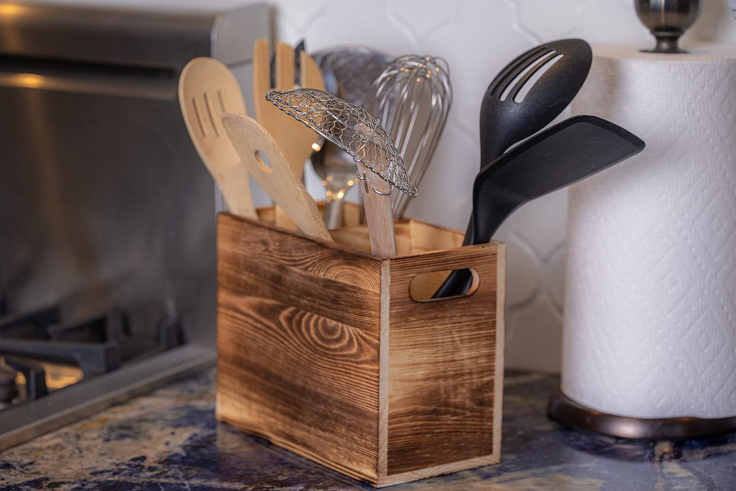 CB Accessories Utensil Holder in Rustic Wood for Kitchen Countertop Organizer and Cooking Tools Storage (Double Compartment)