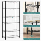 SONGMICS 6-Tier Storage Shelves, Wire Shelving Unit, Kitchen Metal Shelves, Storage Rack with Adjustable Shelves, Shelf Liners, 8 Hooks, for Garage, 11.4 x 23.2 x 63 Inches, Black ULGR066B01 SONGMICS