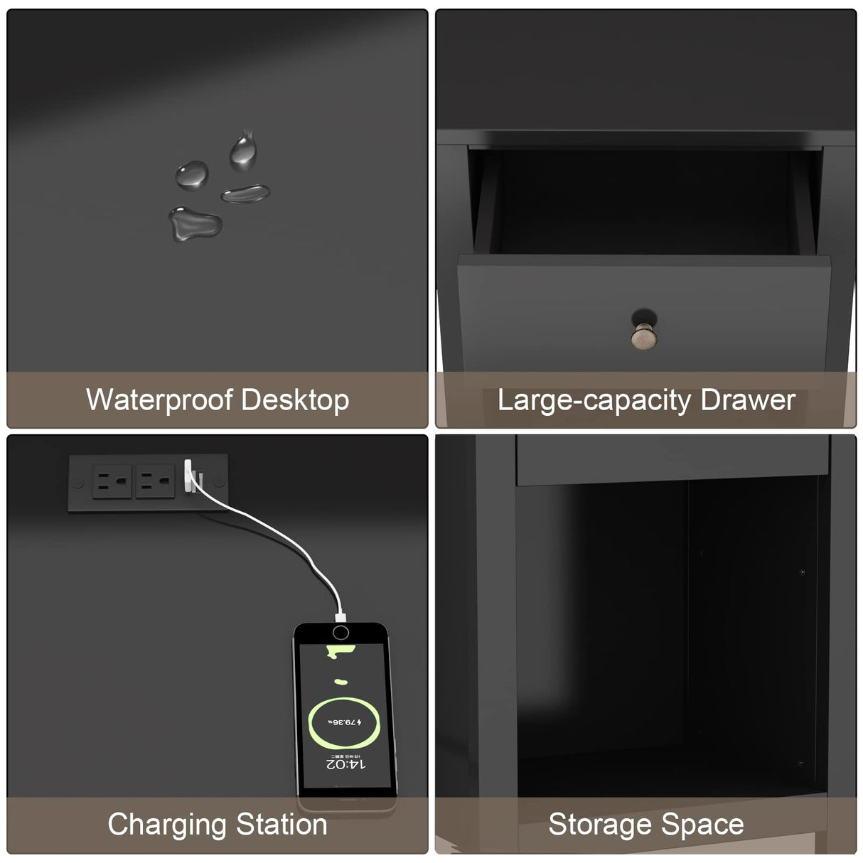 ChooChoo Black Nightstand Set of 2,Night Stand with Charging Station, Wooden Top Bedside End Table with Drawer and Storage Space for Bedroom ChooChoo