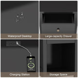 ChooChoo Black Nightstand Set of 2,Night Stand with Charging Station, Wooden Top Bedside End Table with Drawer and Storage Space for Bedroom ChooChoo