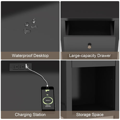 ChooChoo Black Nightstand Set of 2,Night Stand with Charging Station, Wooden Top Bedside End Table with Drawer and Storage Space for Bedroom ChooChoo