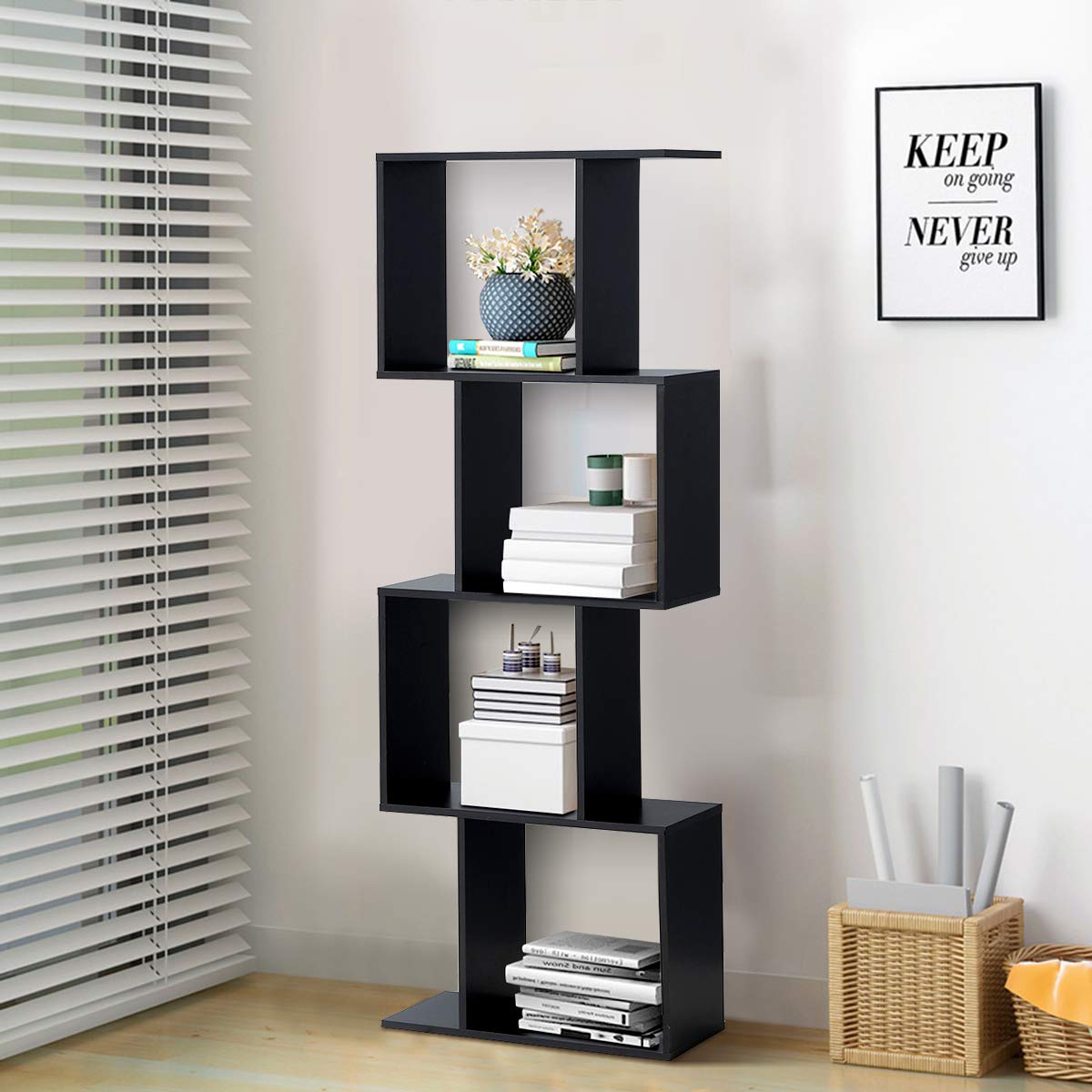 Giantex Modern S-Shaped 4-Tier Bookshelf - Stylish Free-Standing Storage Rack in Black - WoodArtSupply