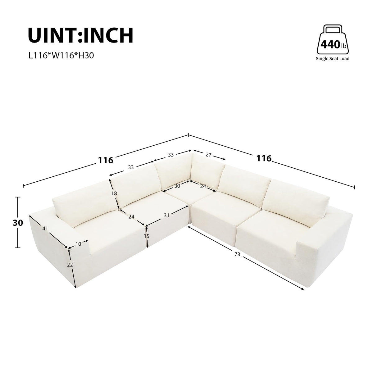 Merax 116" Modular Sectional Sofa, Luxury Floor Couch Set, Chenille Upholstered Indoor Furniture Foam-Filled Sleeper Bed for Living Room, Bedroom, 5 PC Free Combination, 5 Seats-L Shape, Off-White Merax