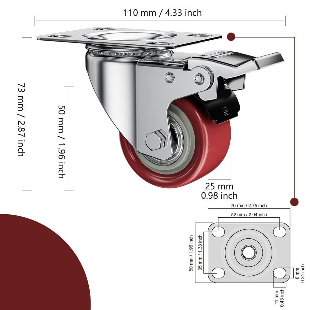 2 Inch Caster Wheels, Casters Set of 4, ASHGOOB Red Polyurethane (PU) Casters with Brake Heavy Duty, Industrial Locking Swivel Top Plate Castor Wheels for Workbench/Furniture/Cart