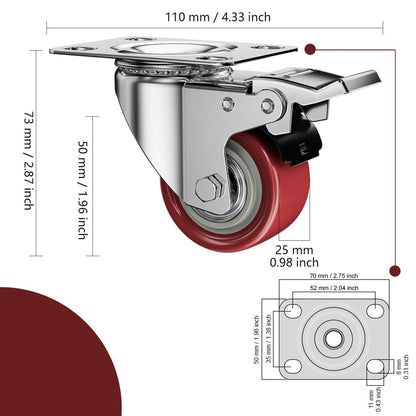 2 Inch Caster Wheels, Casters Set of 4, ASHGOOB Red Polyurethane (PU) Casters with Brake Heavy Duty, Industrial Locking Swivel Top Plate Castor Wheels for Workbench/Furniture/Cart