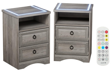 Nightstand with Strip Lights Set of 2, Night Stand with Drawers, Accent Bed Side Table and End Table with Open Storage for Bedroom, Living Room,Gray LGHM