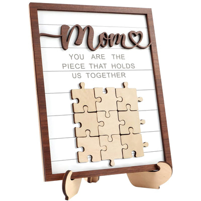DECEED Mom Puzzle Piece DIY Sign Mother’s Day Puzzle Sign Wooden Table Decor Personalized Mothers Day Puzzle Plaque Gifts, You are The Piece That Holds US Together Customized Puzzle Card
