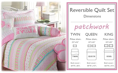 Cozy Line Home Fashions Pink Polka Dot Flower Girl 100% Cotton Reversible Quilt Bedding Set, Coverlet, Bedspread (Greta Pastel, Queen - 3 Piece: 1 Quilt + 2 Shams) Cozy Line Home Fashions