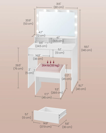 VASAGLE Vanity Desk with Mirror and Lights, Makeup Vanity with Upholstered Vanity Stool, 9 Dimmable LED Lights, 3 Compartments, 2 Drawers, for Bedroom, Cloud White URDT129W01 - WoodArtSupply