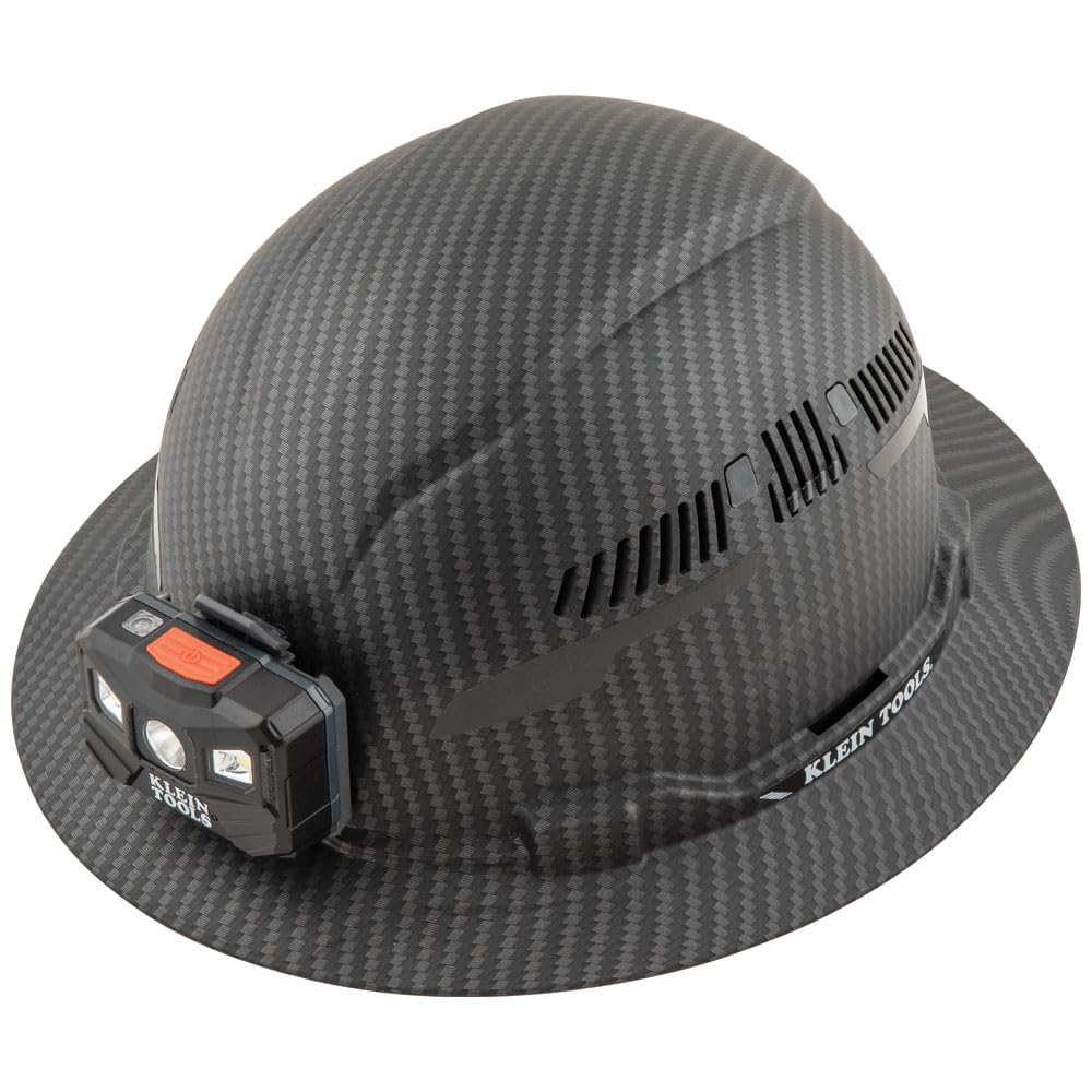 Klein Tools 60347 Hard Hat, Vented Full Brim, Class C, Premium KARBN Pattern, Rechargeable Lamp, Padded Sweat-Wicking Sweatband, Top Pad Klein Tools