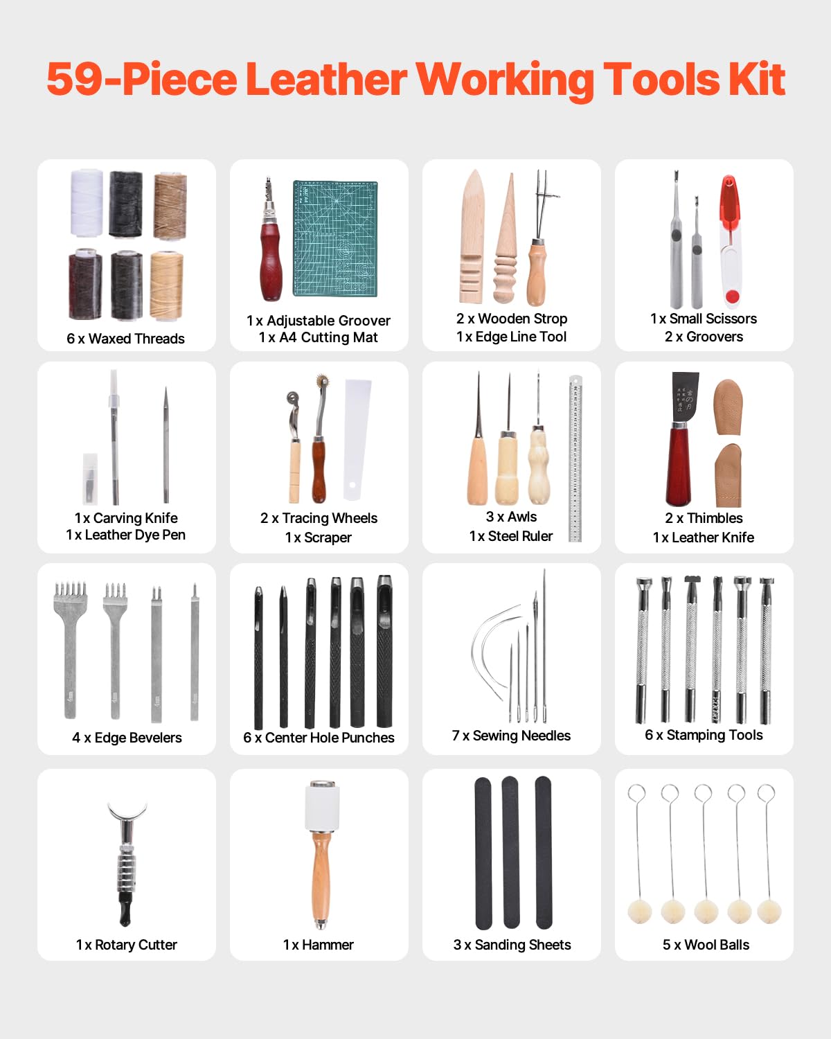 VEVOR Leather Working Tools Kit, 59 PCS Leather Craft Tools with Portable Canvas Storage Bag, Engraving Punching Sewing Stamping Sanding Tools, Ideal for Beginners DIY Enthusiasts and Professionals VEVOR