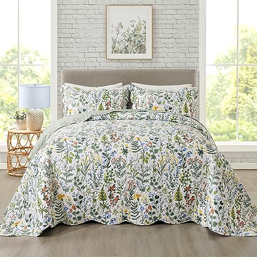 Travan 3-Piece Quilt Set Quilted Bedspread Lightweight Coverlet Set Garden Style Floral Printed Oversized Quilted Bedding Set with Shams for All Season, Exquisite, King Size Travan