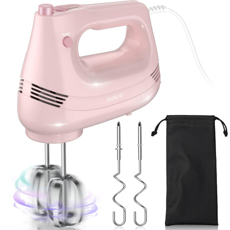 GUALIU Electric Hand Mixer with Stainless Steel Whisk, Dough Hook Attachment and Storage Bag, Handheld Mixer for Baking Cakes, Eggs, Cream Food Mixers. Turbo Boost /5 Speed Kitchen Blender PINK GUALIU